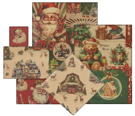 Surtido de papel de regalo vintage de Navidad, 4 hojas, bonito papel de regalo de Navidad, cascanueces, Papá Noel, muñeco de nieve, alce, oso, camión, juego de papel de regalo para niños, regalos de
