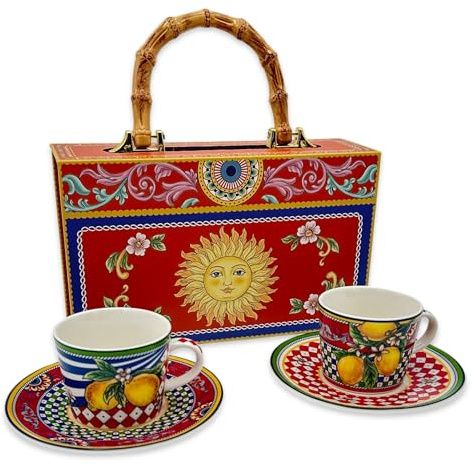 DIVINA Ceramica Box Set Caffè Amalfi, 2 Tazzine con Piattino, Design Rosso con Motivi Floreali e Agrumi - SF174