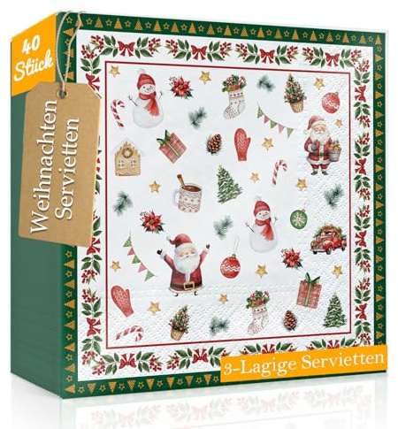 WenmthG 40 Servietten Weihnachten, Kleine Weihnachtssymbole grün als Tischdeko - 3-lagig, 33x33cm, Weihnachtsservietten mit Motiv - Servietten Winter
