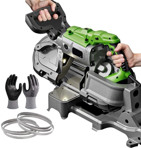 Portable Band Saw - 1100W Metal Cold Cut with LED Light, 4.72 Inch Cutting Diameter, 0.8-2.4 M/S Speed, Includes Gloves and 6 Saw
