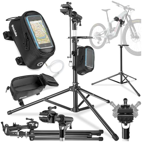tectake® Set de Support Velo Pieds d'atelier & Sacoche velo, Montage Entretien Reparation VTT Vélo électrique Velo de course, Support pour Outils, Charge max. 50kg Réglable Pliable 138x120x117-180 cm