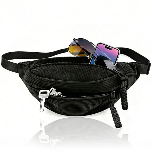 XRXYMQ Bauchtasche Damen Cord Schwarz 3 Fächer Umhängetasche | Umhängetasche aus Cord mit ausreichend Stauraum, leicht und praktisch, für Alltag, Reisen, Sport und Schule