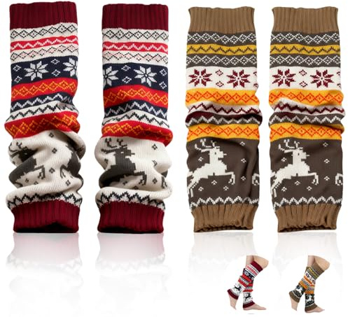 fshxj 2 Para Weihnachten Stulpen,Leg Warmers,BeinwäRmer,Beinstulpen Warmers,Winter Gestrickte Bein Deer,Lange Legwarmer Mit Aus Beige,Gestrickt HäKelarbeit KnöChelwäRmer,Lang Legwarmers Und Weich