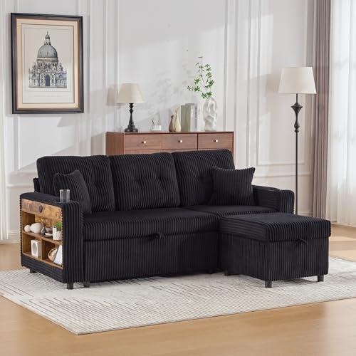 A ALFRESCOOL Sofa l Form mit Schlaffunktion, Cord-Schlafcouch mit Stauraum und Ausziehbett, Inkl. USB-C, Ambientebeleuchtung, Getränkehaltern & Armlehnen für Wohnzimmer, Schlafzimmer(Schwarz)