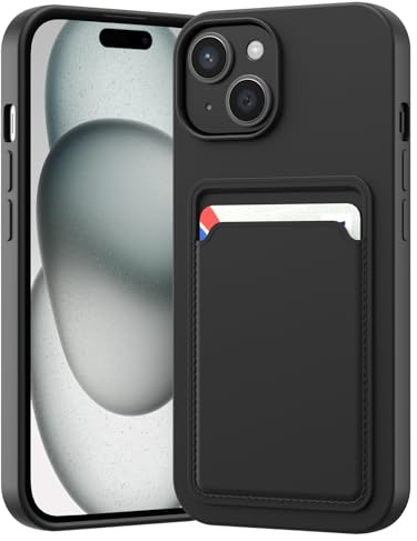 LVVFEI Custodia per iPhone 15 6,1 Pollic con Portacarte, Custodia in Silicone TPU Antiurto Integrata, Cover con Fessura per Carte di Credito Design Finitura Opaca, Nero