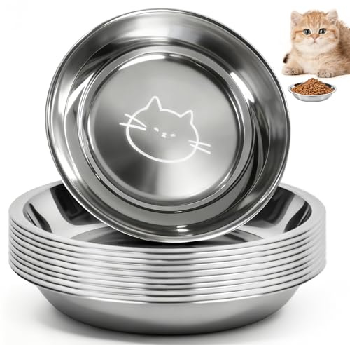 10 Stück Katzennapf Edelstahl, 16cm Katzenteller Rund Katzennäpfe Katzenfressnapf Futternapf Katze Flach für Kätzchen und Kurzbeinige Katzen Kleine Hunde