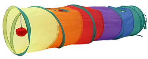 DIRBAK Zusammenklappbarer Regenbogen-Katzentunnel, S-förmige interaktive Spielröhre für Haustiere mit hängendem Ball und Gucklöchern, Indoor-Aktivitätszentrum aus Polyester für Katzen