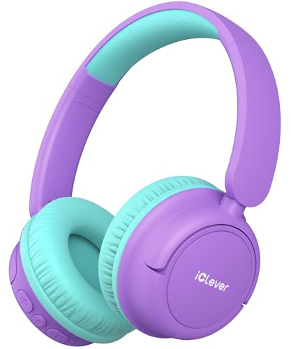 iClever BTH22 Kids Headphones Wireless, 60H Play Time, 74/85 dBA Safe Volume, Bluetooth 5.4, Over Ear Kids Bluetooth Toddler Headphones with Mic AUX Cord for iPad/Tablet/Trave/School, Purple Green
