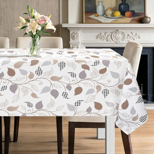 hometrixx Primavera Mantel Mesa Rectangular Hojas Cuadros 140x180cm Blanco | Antimanchas Manteles,Mesa Hule Poliéster Impermeable, Lavable a Máquina, Fácil de limpiar,para Bares Comedor Cocina Festivosr