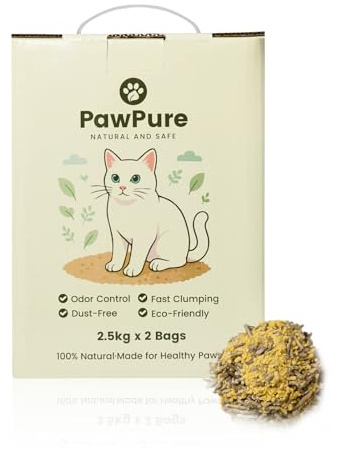 PawPure Natural Tea Leaf and Millet Cat Litter, Quick-Clumping, Odour Control, 2 x 2.5kg Vacuum Packs, Flushable, Multi-Cat Households