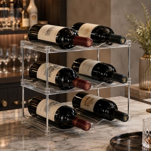 Transparent flaskhylla i 3 nivåer, 3 flaskor per nivå 34 x 19,6 x 30,5 cm | Stapelbar plastflaskorganisatör för hemmet, transparent flaskställ för vin, för bänkskiva och skåp
