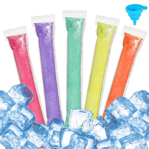 Lot de 200 Sachets à Esquimaux Réutilisables, sacs à glace à l'eau,Moules à Glace en PE 5x23 cm avec Entonnoir, Poches à Glace sans BPA pour Yaourt, Smoothie, Jus de Fruits et Cocktails Maison