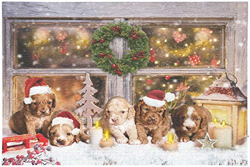 infactory Weihnachtsbild: LED-Wandbild, Weihnachts-Hundewelpen-Motiv, 5 Flacker-LEDs, 60 x 40 cm (Weihnachtsbilder Leinwand, Bild Weihnachten Winter, Hund)