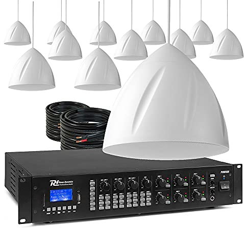 Power Dynamics Pendant Speaker System with 6-Zone Mixer Amplifier - 12 x 5.25 White Hanging Speakers, 100V Line PA System for Commercial Background Music in Warehouses, Retail, Churches, Halls