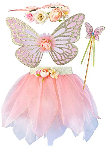 DJDLPARTY Girls Fairy Costume Set with Butterfly Wings Tutu Wand and Halo Headband (Pink, 3-5 Years old)
