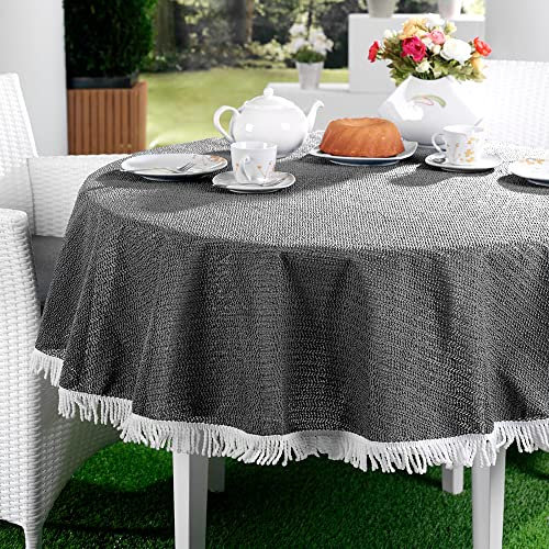 EMHELLE Gartentischdecke Garten Balkon Terrasse Tischdecke Camping Picknick Rund Oval Eckig Außen und Innenbereich Rutschhemmende Oberfläche mit weißen Fransen (130 cm Rund, Dunkelgrau)