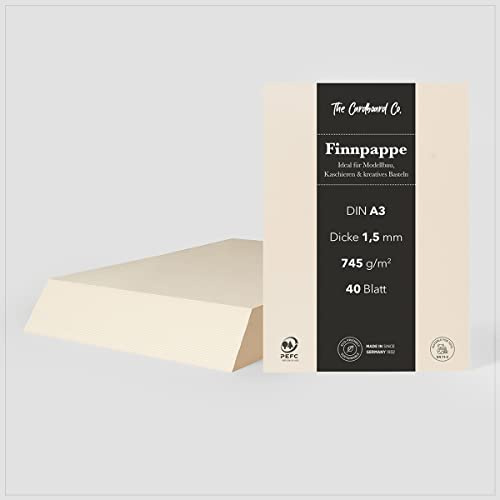 TheCardboardCo finkartong, 1,5 mm (745 g/m²), DIN A3 (297 x 420 mm), 40 ark, träkartong för modelltillverkning, laminering och kreativt hantverk, naturvit