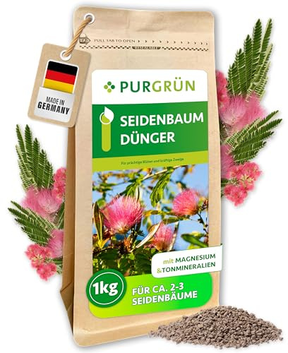 Purgrün® Seidenbaum-Dünger 1 kg – Organisch-mineralische Rezeptur – Feinkörniges Krümelgranulat – NPK 9+4+8 – Extra Magnesium für leuchtende Blüten – Verbessert die Bodenqualität
