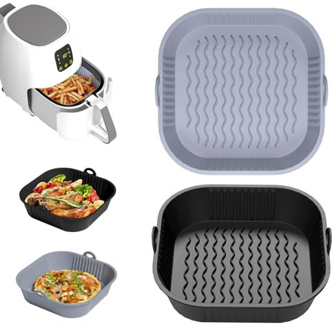 Diboniur Moule Air Fryer Accessoires 5-8 L, 2Pcs 21cm Plat Silicone, Panier pour Friteuse à Air Chaud, Doublures pour Micro-ondes, Four (Gris et Noir)
