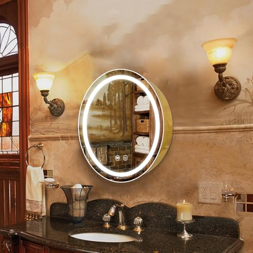 Janboe Armadio medico rotondo con luci, armadietto per medicinali a LED con annebbiatore, armadietto a specchio illuminato per bagno, dimmerabile, senza appannamento, temperatura di colore 3000 K-6500
