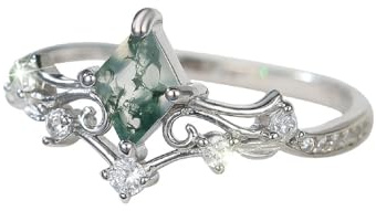 GJYombuke 925 Sterling Silver Moss Green Agate Ring for Women, 4x6mm Diamond-Cut Agate Stone with Zircon Vine Band,Elegant Geometric Jewelry