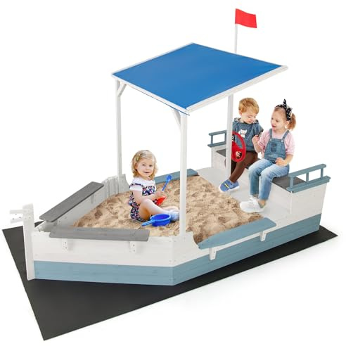 COSTWAY Bac à Sable en Forme Bateau Pirate avec Toit & Drapeau & Gouvernail, Bac à Sable en Bois Enfant avec Conception sans Fond & Doublure, Aire de Jeux pour Jardin Terrasse Cour, 3-8 Ans