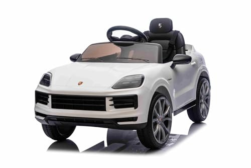 Beneo Motors Porsche Cayenne Kinder Elektroauto 12V lizenziert – Einzelsitz Elektro kinderauto mit Lithium-Batterie, Federung, 2x25W Motoren, 2,4GHz Fernbedienung, MP3 USB/AUX, LED-Lichter, weiß