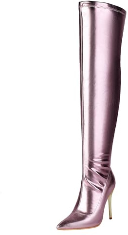 XINXINIO Stivaletti | Stivali sopra il ginocchio in pizzo da donna con tacco da 11 cm, suola antiscivolo per feste incontri, Lilla, 46 EU
