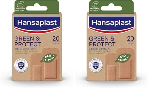 Hansaplast GREEN & PROTECT (20 tiras), apósitos adhesivos biodegradables, parches cicatrizantes hechos con fibras de origen natural, apósitos para heridas extra fuertes (Paquete de 2)