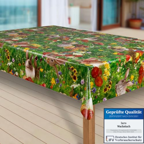 laro Wachstuch-Tischdecke Abwaschbar Garten-Tischdecke Wachstischdecke PVC Plastik-Tischdecken Eckig Meterware Wasserabweisend Abwischbar |53|, Muster:Ostern Blumenwiese Hase, Größe:100x180 cm