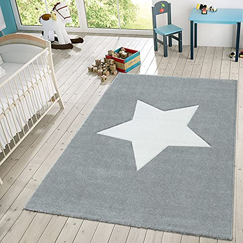 TT Home Kinder-Teppich, Moderner Spiel-Teppich Für Kinderzimmer, Mit Stern-Motiv In Grau, Größe:160x230 cm