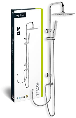 aquaSu® Duschsystem Proda mit Regendusche & Handbrause eckig | Stab-Handbrause & Kopfbrause | je 1 Strahlart | Anti-Kalk Regendusche | Duschgarnitur mit Wandstange und Gleiter | Chrom | 72329 9