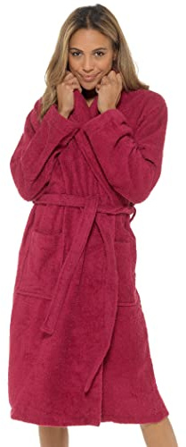 Undercover – Robe de chambre en tissu éponge 100 % coton pour femmes avec col châle ou capuche, lien à la taille, sèche-vite, bordeaux, 40-42
