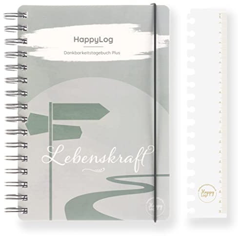 HappyLog Dankbarkeitstagebuch Plus Lebenskraft, Achtsamkeit Tagebuch für Erwachsene mit 5 Impulsen der Persönlichkeitsentwicklung & Gesundheit, pro Monat 1 Thema