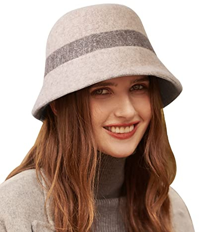 Adigaber Klockhatt dam melon hatt 100 % ull Fedora hink elegant derby hatt vintage vinter, Beige färg, One size