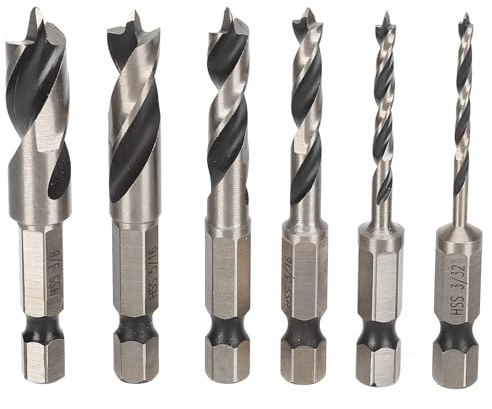 6Pcs 3/8in HSS Brad Point Drill Bit Set for Hardwood | 3-point tip grabs wood instantly, prevents bit wandering on glossy oak or maple, clean chip removal for furniture dowel holes