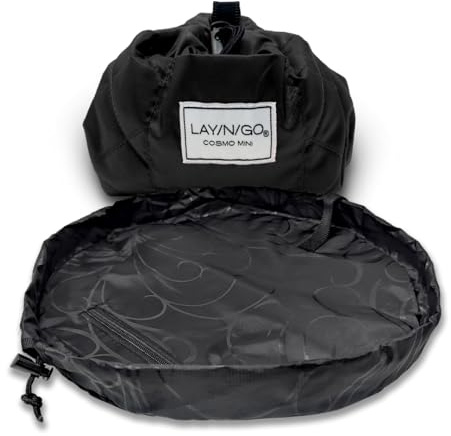 Lay-n-Go Drawstring Mini Makeup Bag – Black - 16 inch - Travel Cosmetic Bag, Scrunch Sac Makeup Bag Opens Flat for Easy Access, Makeup Pouch, Durable and Stylish, Black, 16 Inch