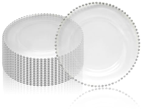 Trimming Shop Glass Charger Plate with Silver Beads Rim – Elegant Decorative Plates for Dinner Table Decoration, Weddings, Parties, and Event Décor, 33cm, Clear, Pack of 12