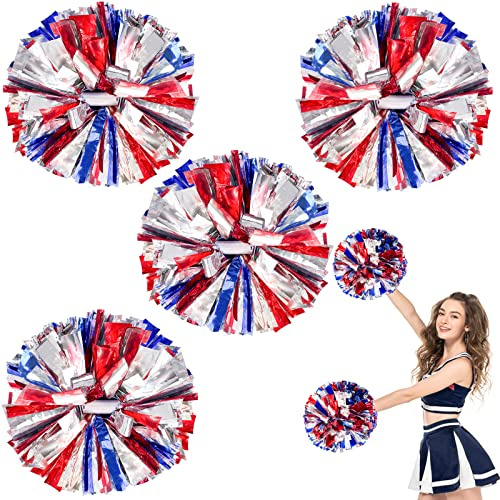 ZONITOK Cheerleader-Pompons mit metallischem Cheerleader-Griff, Cheerleader-Pompons mit Taktstock-Griff, jubelnde Quad-Pompons für Kinder, Erwachsene, Team, Spirit Cheering (Blau + Rot + Silber)