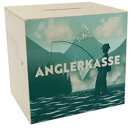 Anglerkasse Spardose aus Holz mit Anglermotiv für leidenschaftliche Fischer, um auf neues Angelequipment zu sparen