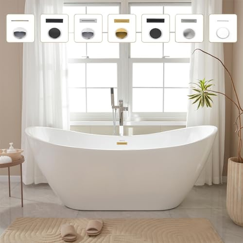 Vanity Art 71 Freestanding Bathtub | Free Standing Tub Stand Alone Tub with Contemporary Design for Soaking and Bathing, Overflow and Pop-up Drain with UPC Certified, Acrylic,VA6517-TG