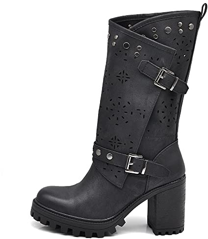 IF FASHION Botas Con Tacón Grueso De Plataforma Con Tachuelas De Piel Sintética Para Mujer G669, 38 EU