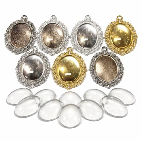 Perlin Cabochon Fassung Oval Set 25 x 18 mm 4 Stück Anhänger Rohlinge mit Glas Cabochon Metallfassung Silber für Schmuck DIY Foto Anhänger Basteln