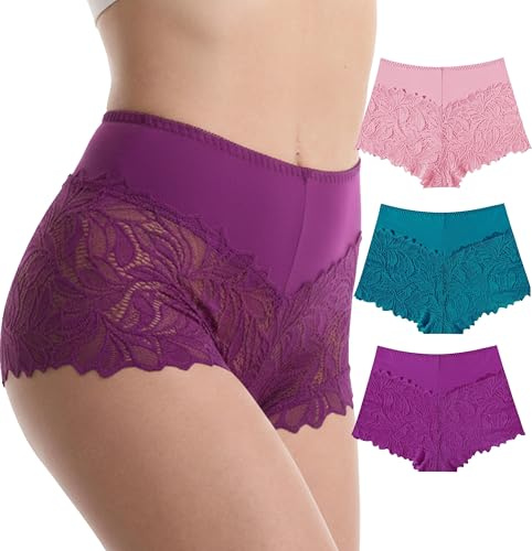 TRIFOLIUM Culottes Hautes en Dentelle Florale FR 42-44 Lot de 3 (Rose Caoutchouc Turquoise Violet) UK 14-16 Étiquette Usine L (8003-L-T7)