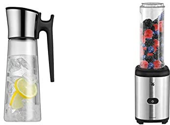 WMF Basic Wasserkaraffe 1,5 liter, Glaskaraffe mit Deckel und Griff 1,5l & Kult X Mix & Go Mini Smoothie Maker, Standmixer, Blender elektrisch, Shake Mixer 300 Watt, Tritan-Kunststoff Flasche