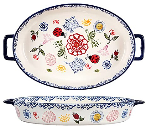 Bicuzat Vintage Style Flower and Butterfly Ladybug Pattern Bakeware Ceramic Casserole Dish Baking Pan Lasagna Pans Baking Dish with Handles for Oven to Table-1 PCS-A-Oval-Large