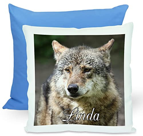 CreaDesign, Kinder Kissen 40x40 cm personalisiert mit Namen, Kinderzimmer Deko Kissen Kinder mit Füllung Federn, Motiv Wolf, Rückenfarbe Blau