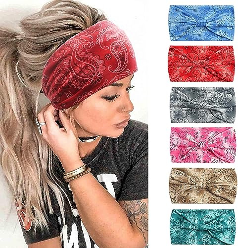 6PCS Stirnbänder für Frauen Breite Boho Kopftücher Rutschfeste Bandanas Haarbänder Elastische Haar-Accessoires Geknotete Turbane Head Wrap Erwachsene