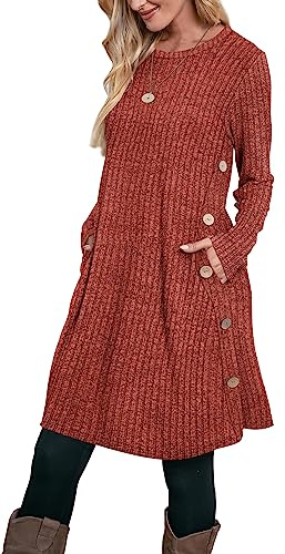 Aokosor Jumper Dress for Women Tunic Dress Ladies Long Sleeve Dress with Pockets Side Buttons Dress for Leggings
