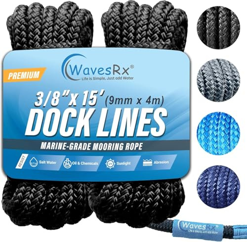 WavesRx Lot de 2 Lignes de Quai Haute Performance de 1,6 cm x 7,6 m pour Grands Bateaux jusqu'à 13,7 m | Corde d'amarrage et d'amarrage de qualité supérieure (Black, 3/8” x 15’)